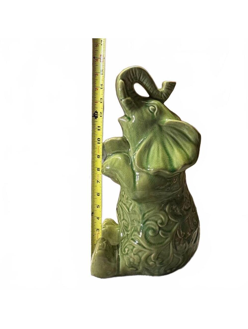 FIGURINE Vintage Green Elephant Ceramic Figurine with Decorative Floral Pattern